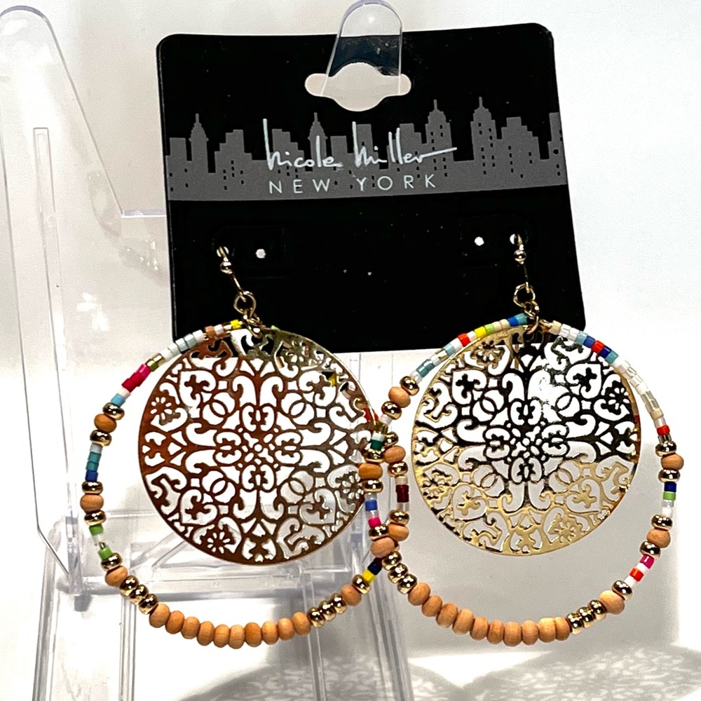 Designer Gold with Multicolor Beaded Hoop Earrings - Picture 5 of 14